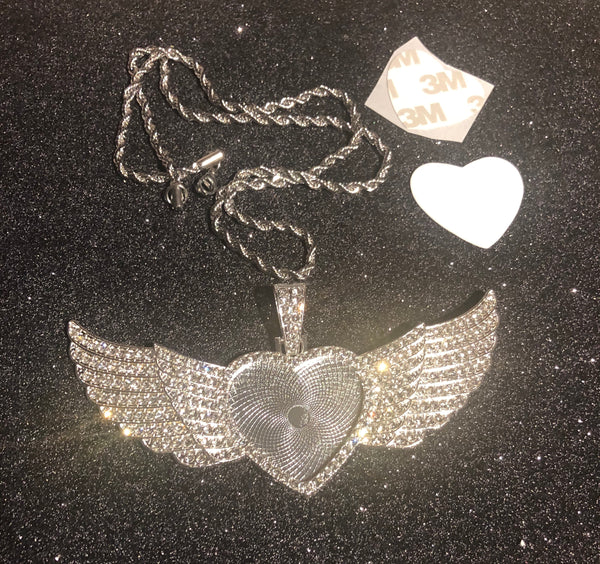 Large Silver Heart Pendant with Wings & Chain