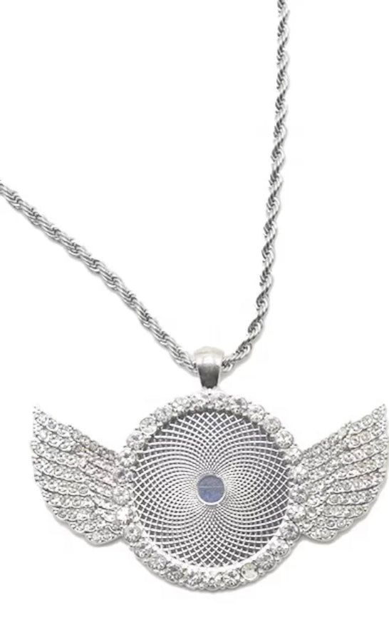 Silver Round Pendant with Wings