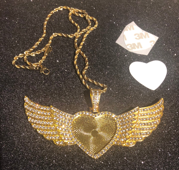 Large Gold Heart Pendant with Wings & Chain